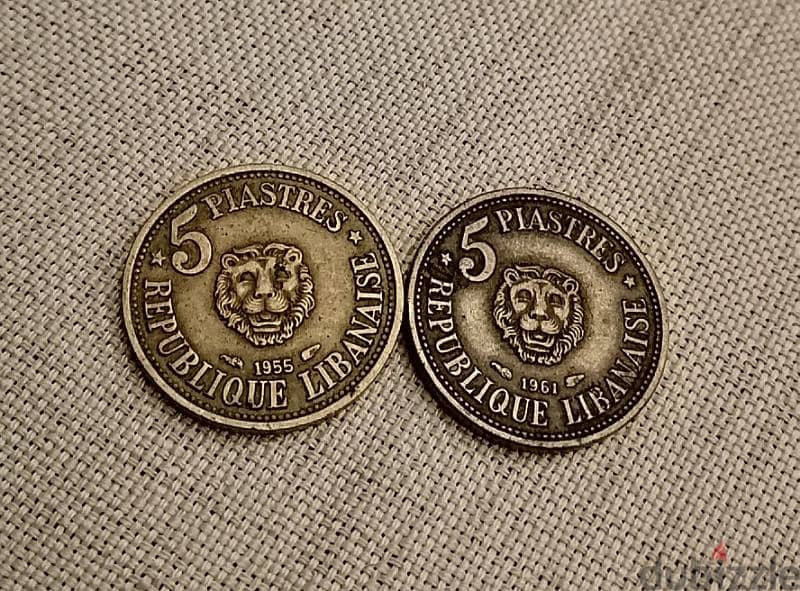 1955 & 1961 Lebanon 5 Piastres two old coins 0