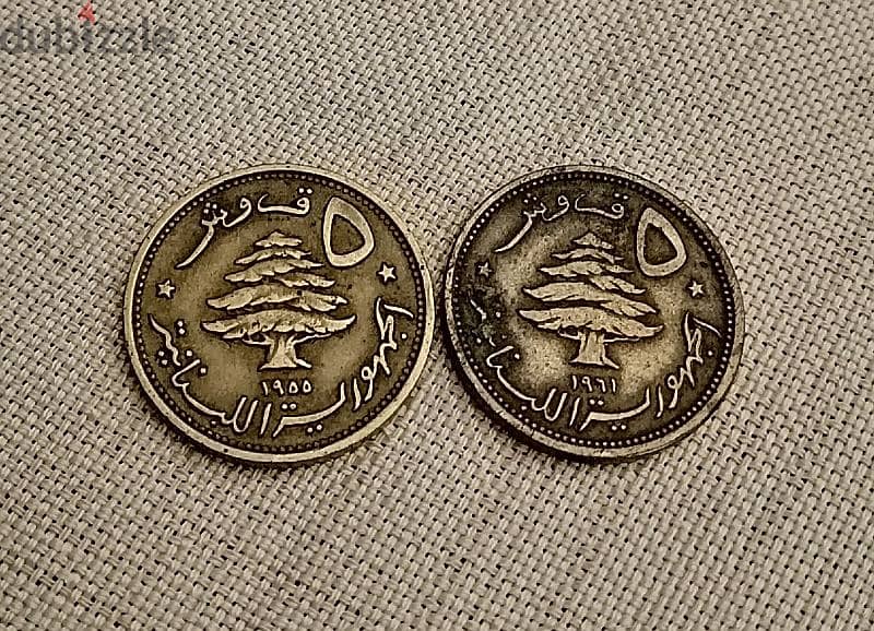 1955 & 1961 Lebanon 5 Piastres two old coins 1