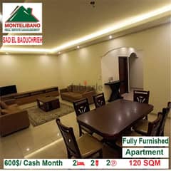 600$/Cash Month!! Apartment for rent in Sad El Baouchrieh!!