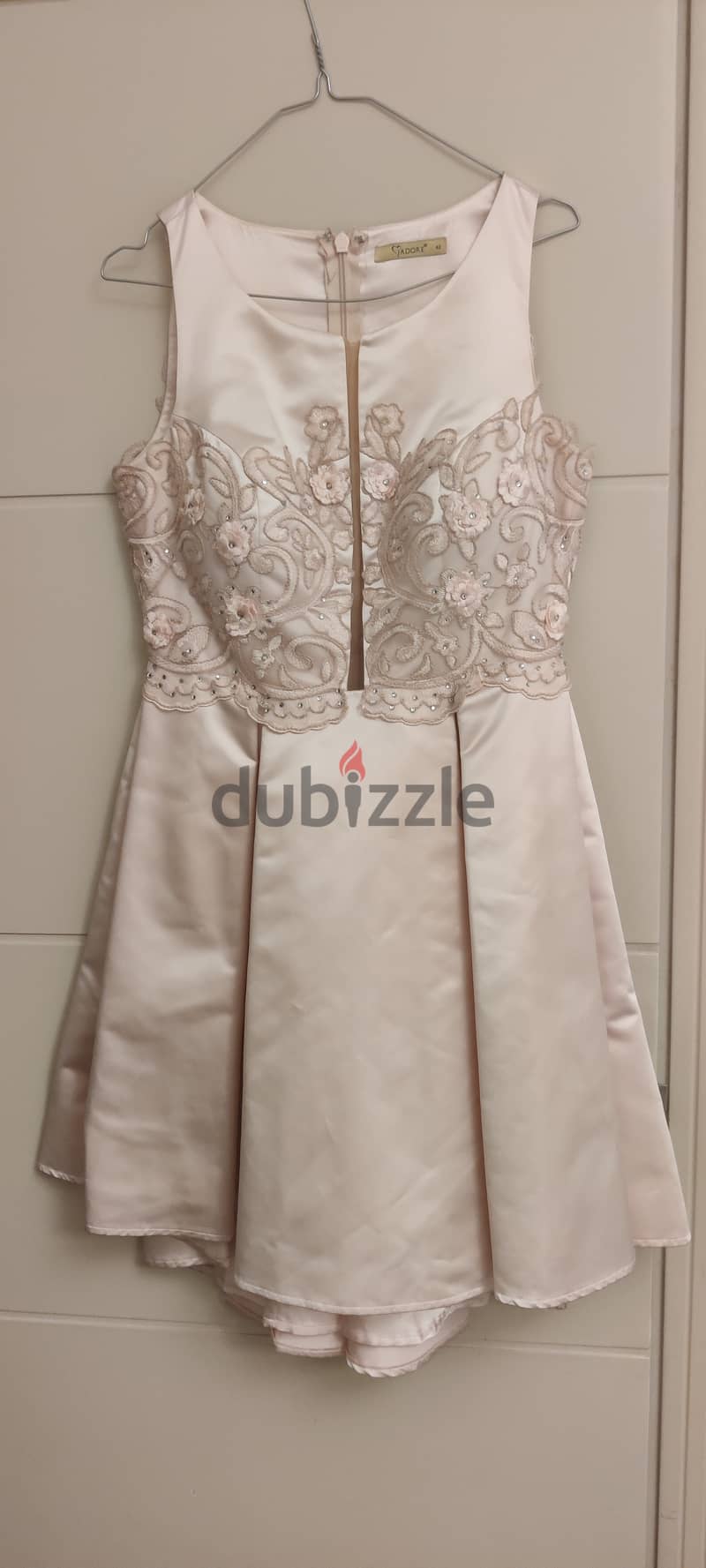 Pink satin dress with floral embroidery on the bodice 0
