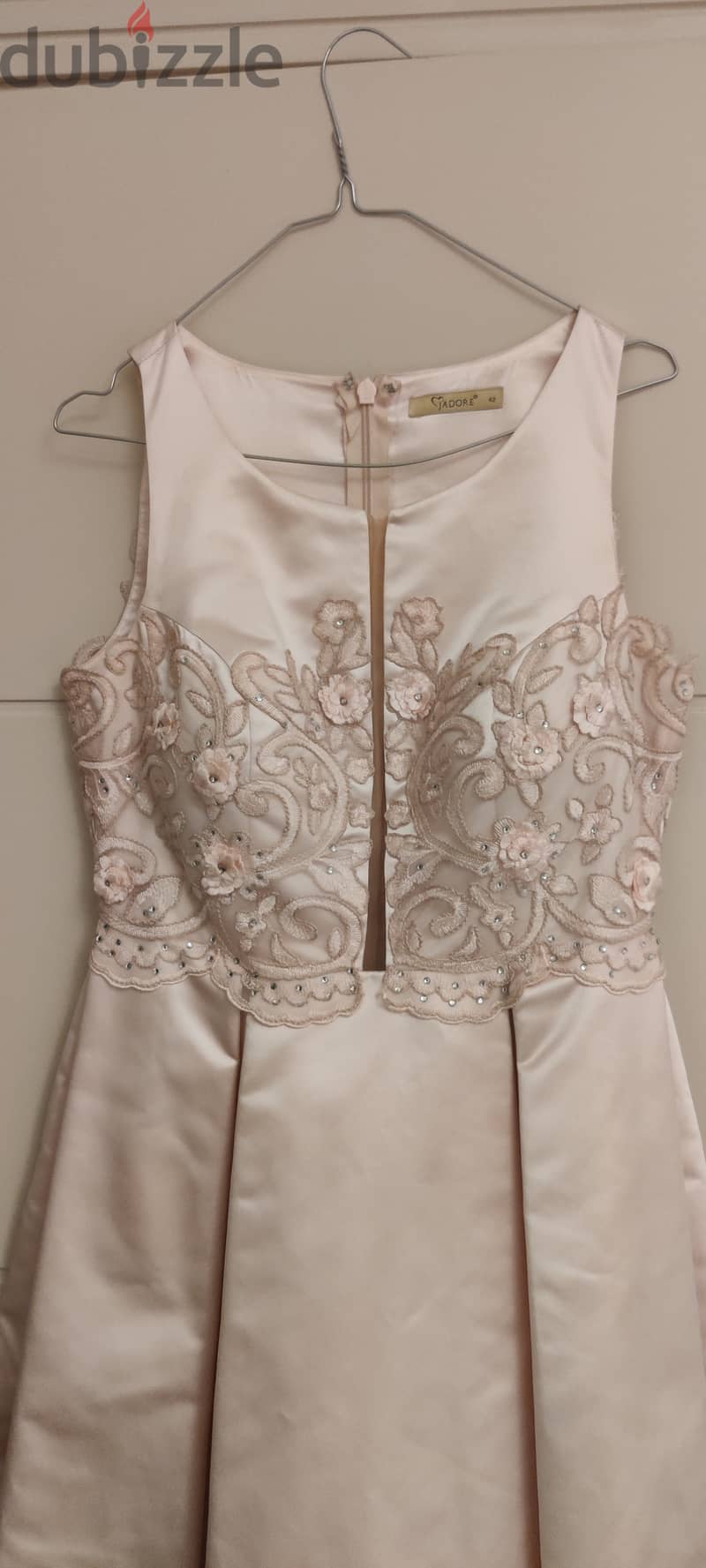 Pink satin dress with floral embroidery on the bodice 1
