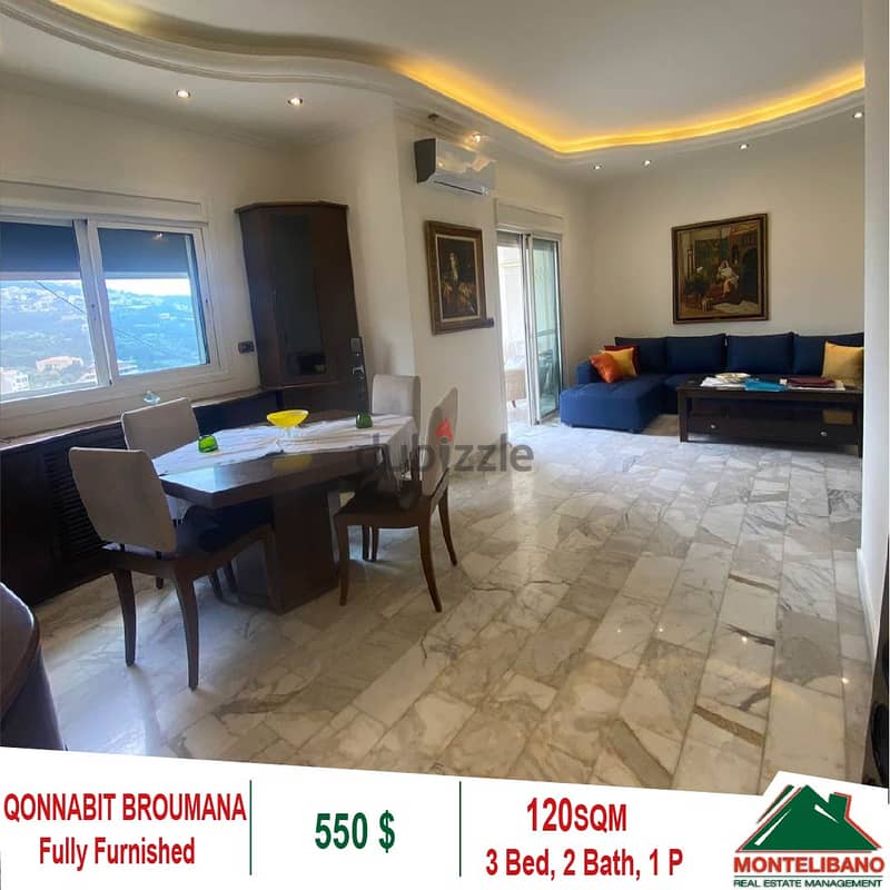 550$!! Apartment for rent located in Qonnabit Broumana 3