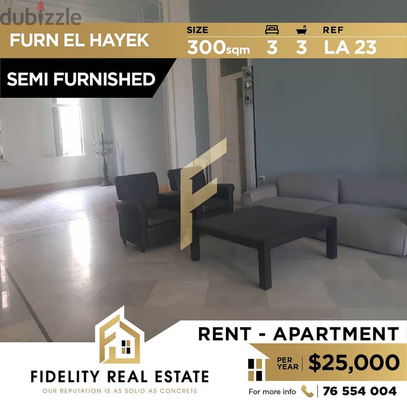 Semi Furnished Apartment for rent in Furn el hayek Achrafieh LA23 0