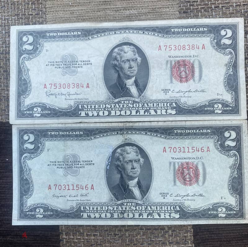 عملة عملات قديمة قطعتين ٢$ اميركي رد سيل سنة ١٩٥٣ b و c 0