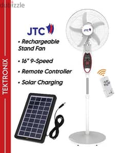 JTC 9-Speed 16" Solar Rechargeable Stand Fan with Remote Controller