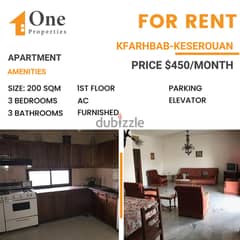 FURNISHED Apartment for RENT,in KFARHBAB/KESEROUAN, with a sea view