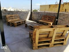 Outdoor three pallets banches with table بنك طبالي عدد ٣ مع طاولة