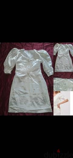 vintage satin dress white embroided pearl fits m l