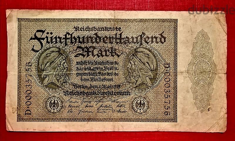 1923 Germany 500 000 Mark Weimar Gov 1